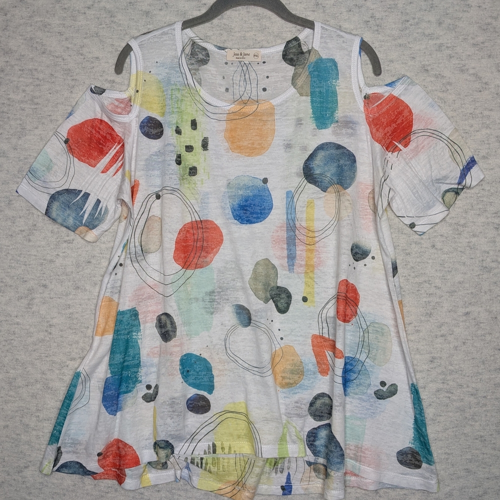 Jess & Jane Vibrant  Cold Shoulder  Colorful Artistic Tunic Sz PXL Teal Cream